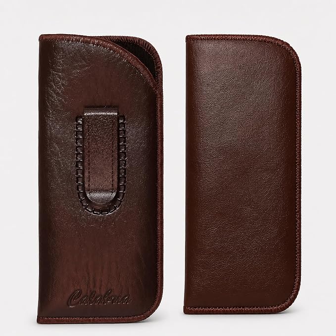 Calabria Slim Eye Glasses Case w/Clip Soft PU Leather Brown Men Women Eyeglasses Pouch Slip-In Eyewear Holder Sunglass Bag - 50PACK