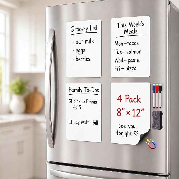 Small Magnetic Whiteboard for Fridge: 4-Pack Keeps Plans Clear | Dry Erase Sheets for Grocery Lists Menus To-Dos & Family Notes - 12" x 8" Organizer Set with 3 Markers & 1 Eraser