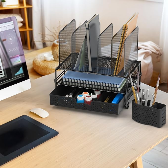 Simple Houseware Desk File Organizer for Office Supplies w/Drawer, Black | Double Tray, Pencil Holder, and 5 Upright Sections with Sliding Drawer
