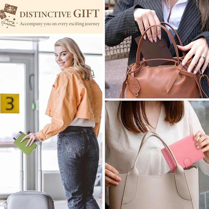 Genuine Leather Passport Holder for Women Men, Hidden Airtag Pocket, RFID Blocking, Zippered Coins Pocket & Cash Compartment Travel Gifts Essentials Passport Cover Case - Light Green