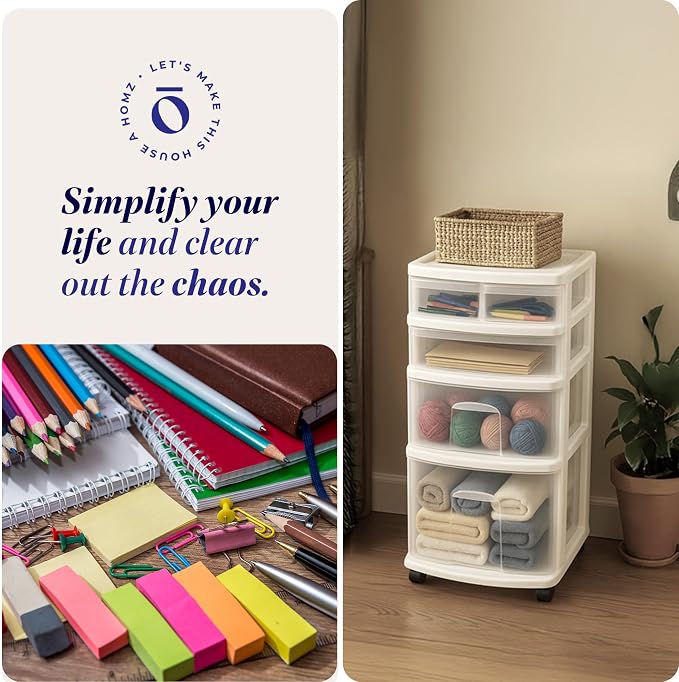 HOMZ Drawer Tower, 4-Tier Storage Cart with Removable Wheels, White Frame | Clear Plastic Rolling Drawers for Desk, Dresser, Cabinet, Bedroom, Bathroom, Classroom & Office