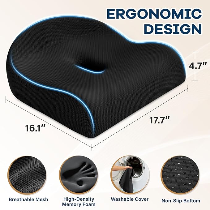 Ergonomic Memory Foam Seat Cushion for Office Chair, Black | Wheelchair Cushions for Tailbone, Hip, Sciatica Support, Soft & Breathable, Chair Pad for Long Sitting, Driving
