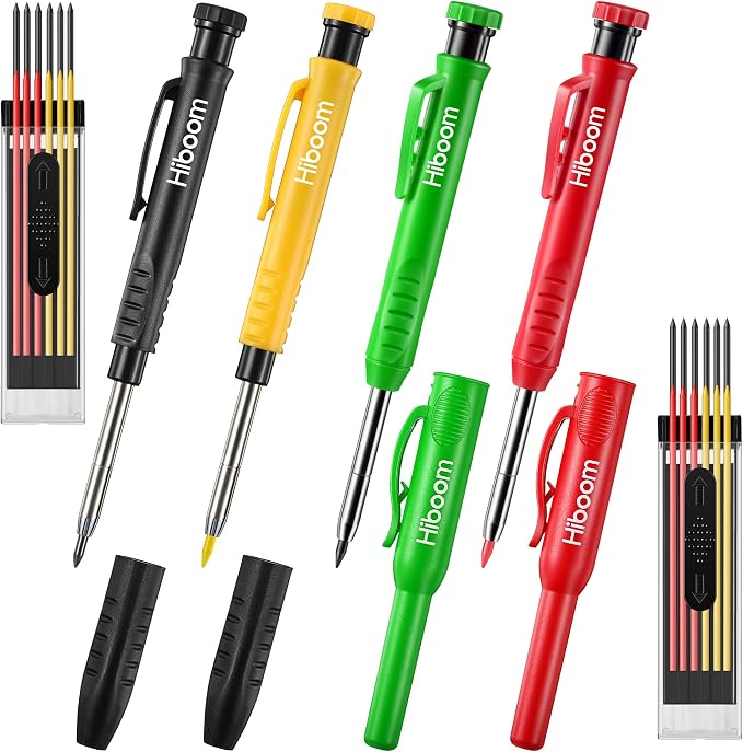 4 Pack Carpenter Pencil with 24 Refills Built In Sharpener,Multi Colors | Concrete Wood Metal, Deep Marking, Multi-Color Refills, 2.8mm Lead, Construction Work, Waterproof, Carpenter Builder DIY