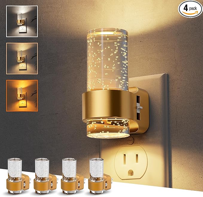 L LOHAS LED Night Lights Plug into Wall, 4 Pack Mini Dimmable Night Light with Dusk-to-Dawn, Soft White/Cool White/Amber 3 Light Color, 0-100LM Adjustable Brightness, Bubble Nightlight for Hallway