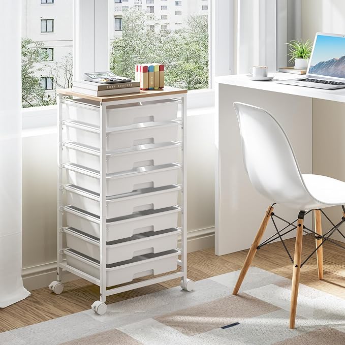 TOOLF Rolling Storage Cart with 8 Drawers,White | Utility Cart on Wheels with Wooden Tabletop,Teacher Organization for Classroom, Art Cart for Office,Bedroom,Craft Room