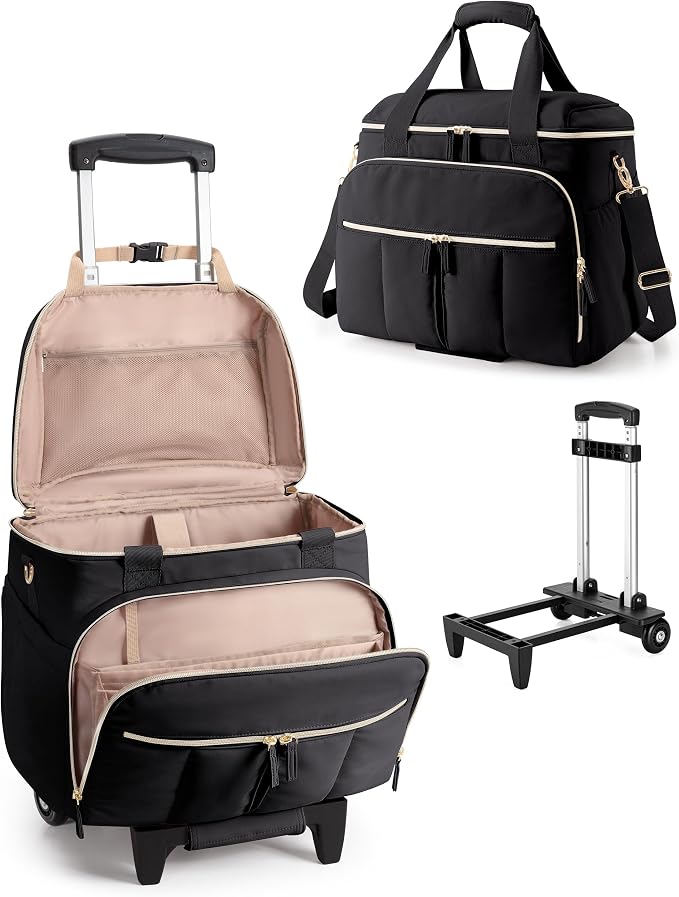 Marscamd Rolling Teacher Bag with Accordion File Organizer for Work | 15.6" Laptop Compartment, Detachable Trolley & Crossbody Strap, Womens Briefcase Tote with Wheels (Black)