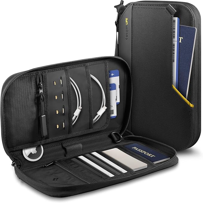 Spigen Life Passport Card Cover Holder, RFID Blocking | Travel Document Organizer, SIM Card Pin Included - Black