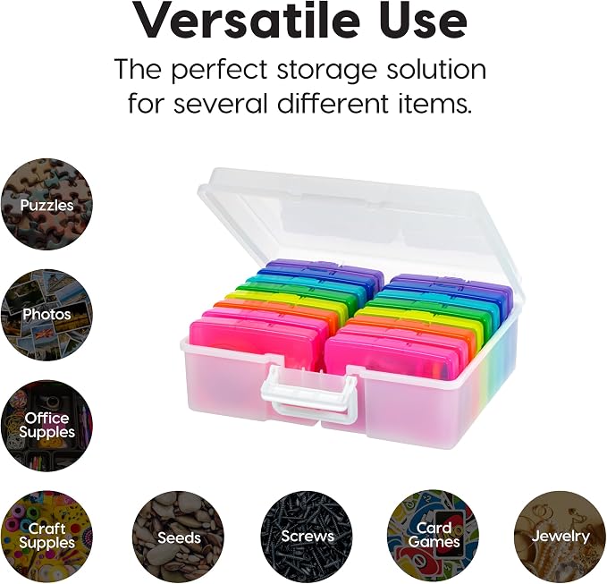 IRIS USA 4" x 6" |Made in USA| 2-Pack Photo Organizers and Picture Storage Box with Handle, 16 Inner Cases/Containers for Tasks, Stickers, Ephemera, & Flashcards - Pearl/Multi-Color