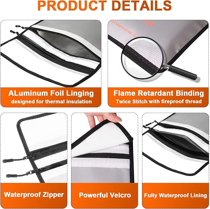 4200℉ Fireproof Document Bag, Important Waterproof Document Holder with Thermal Insulation Layer, Legal Size Fireproof Envelope with Zipper/Reflective Strip