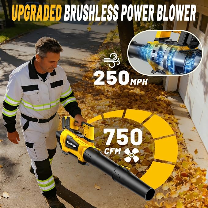Cordless Leaf Blower Compatible with Dewalt 20V Battery(No Battery), 250MPH | 750CFM | 6 Speed Brushless Turbofan Powerful Electric Leaf Blowers for Lawn Care, Patio, Blowing Leaves (Tool Only)