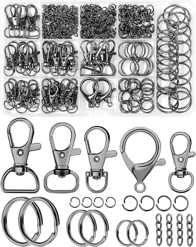 325PCS FIVEIZERO Keychain Making Kit - Keychain Clips with Key Ring, Lobster Claw Clasp, Swivel Snap Hook, Jumprings & Extender Chain for Crafts, DIY Projects & Purse Making Supplies (Black)