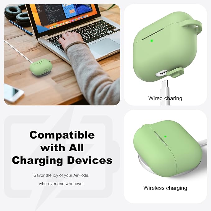 for AirPods Pro 2 Case, Soft Silicone Protective Cover with Keychain and Cleaning Pen, Compatible with AirPods Pro 2nd/1st Generation, Supports Wireless Charging, Avocado