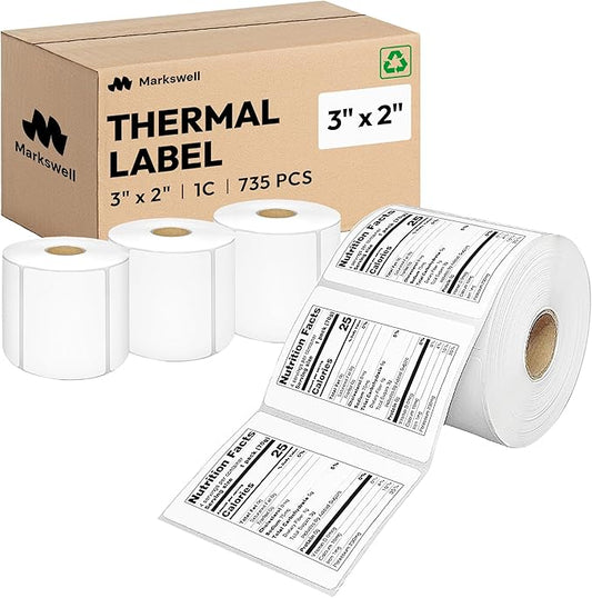 3x2 Direct Thermal Label, Barcode Address Mailing Name Shipping Labels, Perforated Thermal Stickers, Multipurpose, Commercial Grade for Thermal Printer, Strong Adhesive, 735/Roll, 4 Rolls