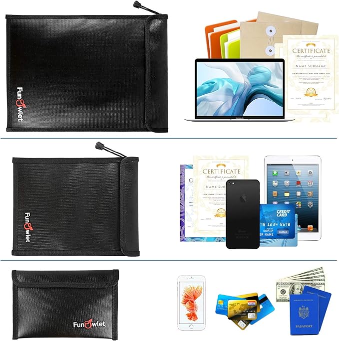 Fireproof Waterproof Money Document Bag, 3Pack Safe Pouch | Fire and Water Resistant ,Zipper Storage Organizer, for Important Papers, Cash, Passports, Jewelry & Electronics, Black