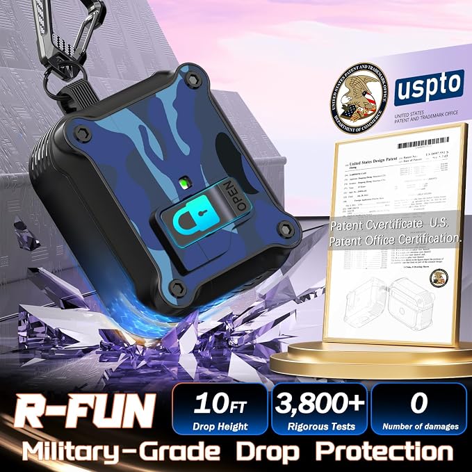 R-FUN for AirPods 3 Case Cover with Lock Magnetic Lid, Camo Blue | Compatible with Apple AirPods 3rd Generation (2019) Case with Cleaner Kit & Carabiner, Powerful Drop Protection
