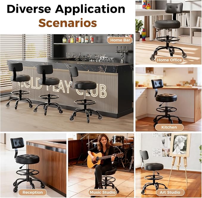 Office Drafting Chair with Footrest, Tall Height Adjustable Stool with Back Support, Heavy Duty Rolling Stool Chair with Wheels for Office Home Kitchen Bar Shop Guitar Studio Vanity, Black