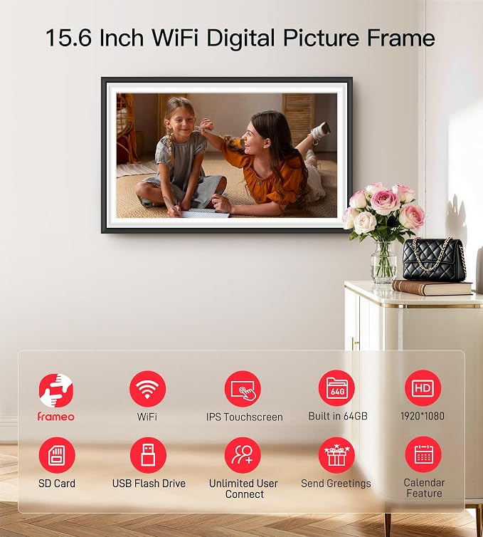 BIGASUO Digital Picture Frame Frameo 15.6" WiFi Electronic Photo Frames Large with 64GB Memory 1920x1080 IPS FHD Touch Screen Share Moments Instantly Anywhere Photo Gifts for Parents and Grandparents