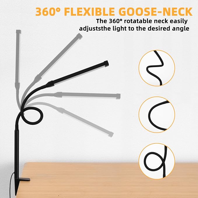 LED Desk Lamp with Clamp, Clip on Lights for Home Office, Black | 3 Modes 10 Brightness, Long Flexible Goose-Neck, Eye-Caring, Memory Function, Energy Efficient, USB Adapter, Metal