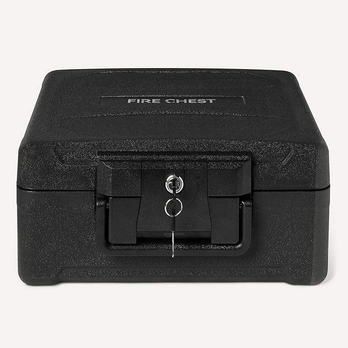 Amazon Basics Fire-Resistant Waterproof Fire Chest with Mechanical Key, Protects During Floods, 0.39 cu. ft, Black