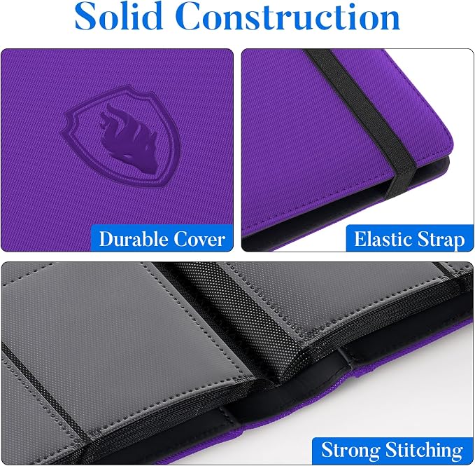 Premium 9 Pocket Card Binder for 540 Cards, Fabmaker PU Cover Trading Card Binder, Sturdy Card Collection Album, Sleek Card Holder Folders for Game Cards & Sports Cards, Purple