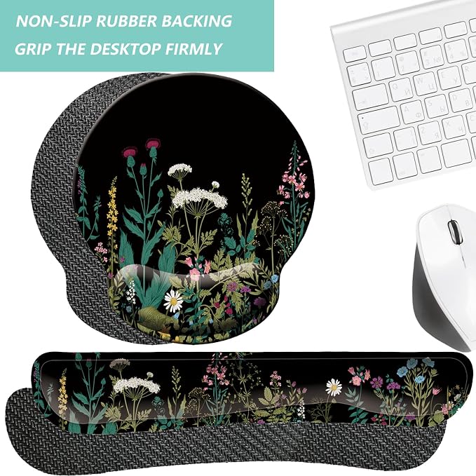Keyboard Wrist Rest Pad Mouse Pad with Wrist Support Set of 3, Mousepad with Non-Slip Rubber Base, Ergonomic Memory Foam Mouse Wrist Cushion Support for Home Office Laptop Computer, Flowers Grass