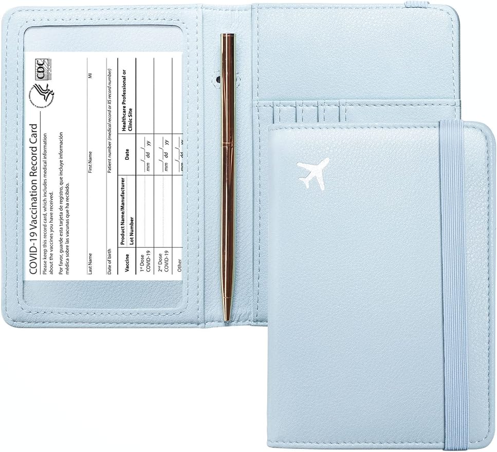 Mymazn Blue Passport Holder Women Passort Travel Wallet Vaccine Card Organizer Passport Case with Vaccination Card Holder with RFID Blocking Clear Pocket for Picture (blue)