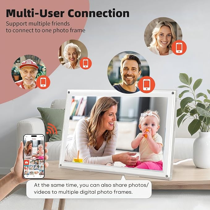 Frameo Digital Picture Frame,15.6'' WiFi Slim Acrylic Smart Cloud Electronic Photo Frame, HD IPS Touch Screen Slideshow, 32GB Storage, Share Photos/Videos via App (Size: 15.51X9.7Inch)