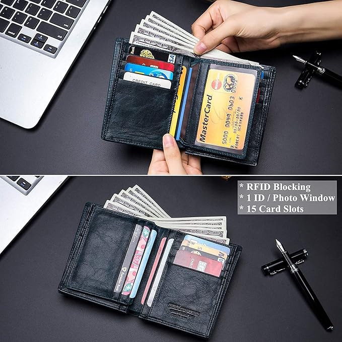 BULLCAPTAIN Large Capacity Genuine Leather Wallet for Men QB-027 | Bifold Wallet,RFID Blocking,Credit Card Holder,15 Card Slots,Special Expandable Design,gift choice