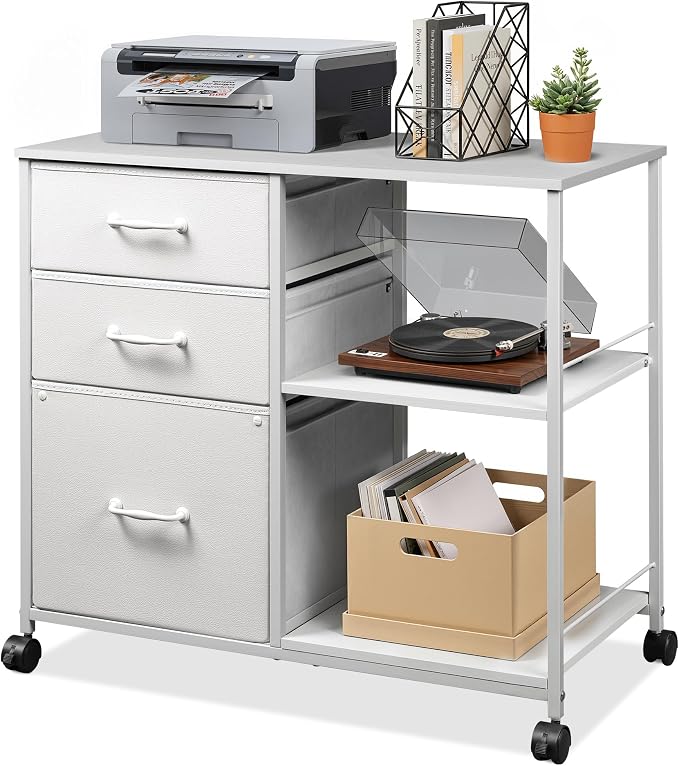 DEVAISE 3 Drawer Mobile File Cabinet with Open Storage Shelf | Rolling Printer Stand, Fabric Lateral Filing Cabinet fits A4 or Letter Size for Home Office, White