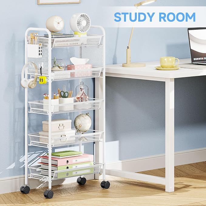 KINGRACK 5 Tier Rolling Cart, Metal Utility Storage Cart with Pegboard | Screwless Assembly, Lockable Wheels, 4 Hooks & 1 Bin, Mobile Organizer for Bathroom Kitchen Office Craft Room Laundry, White