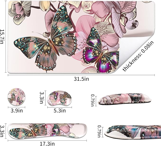 QIYI PU Leather Desk Mat Set, 4-in-1 Ergonomic Wrist Rest, Butterflies | Waterproof Large Mouse Pad 31.5×15.7 + Keyboard Wrist Rest + Mouse Wrist Support+Coaster, Non-Slip Office Gaming Accessories