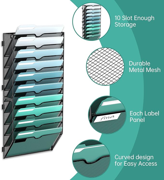 10-Tier Wall File Organizer, Hanging Wall Files for Papers, Folders, Magazines, Wall Organizer for Clipboard, Assembly Needed, Black, 2 Pack | Metal Mesh Hanging File Organizer with Open Compartments and Label Panels for Papers and Folders at Home, Off...