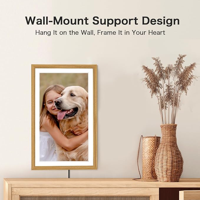 Frameo Digital Picture Frame, Frameo 15.6 Inch Large Digital Photo Frame WiFi, 1920 * 1080 IPS FHD Touchscreen, 32GB, Wall-Mounted, Share Video Picture, Electronic Frame, Mom Gifts, Natural Woodgrain