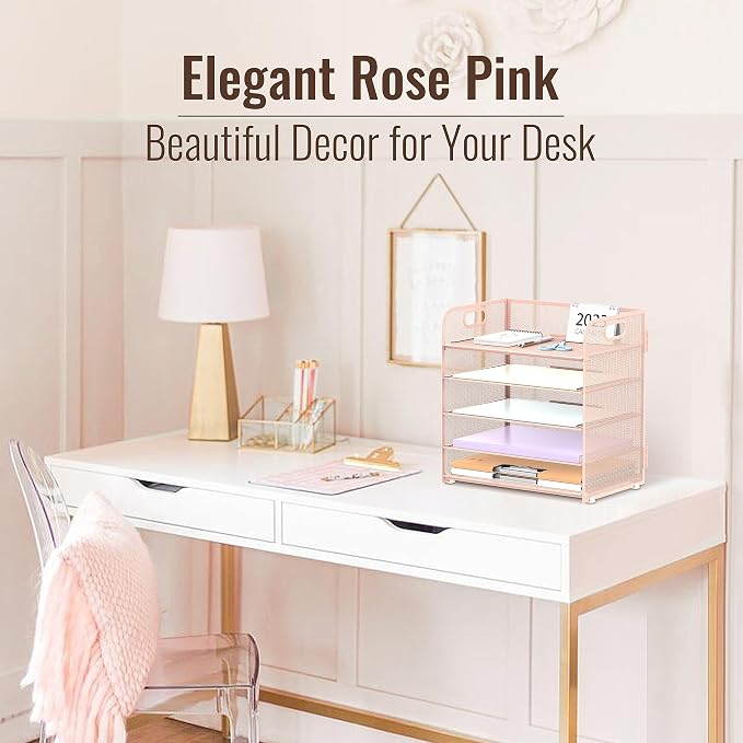 5 Trays Paper Organizer Letter Tray with Handle-Mesh Desk File Holders, Paper Sorter Desk Organizer for Office, Home, Classroom or School, Pink