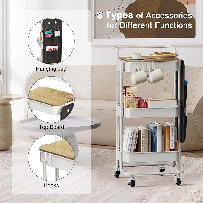 DTK 3-Tier Rolling Cart with Table Top, Metal Utility Cart with Side Bags | Tray Storage Organizer, Lockable Wheels, 4 Hooks, Art Cart for Kitchen, Bathroom, Office, Craft room, Living room, White