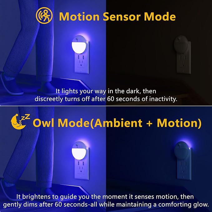 YUNLEX 2 Pack Plug in Night Light with Motion Sensor and Dusk to Dawn Sensor, Stepless Dimming, Blue LED Nightlight with 3 Lighting Ways for Bathroom, Bedroom, for Girls, Boys, Adults