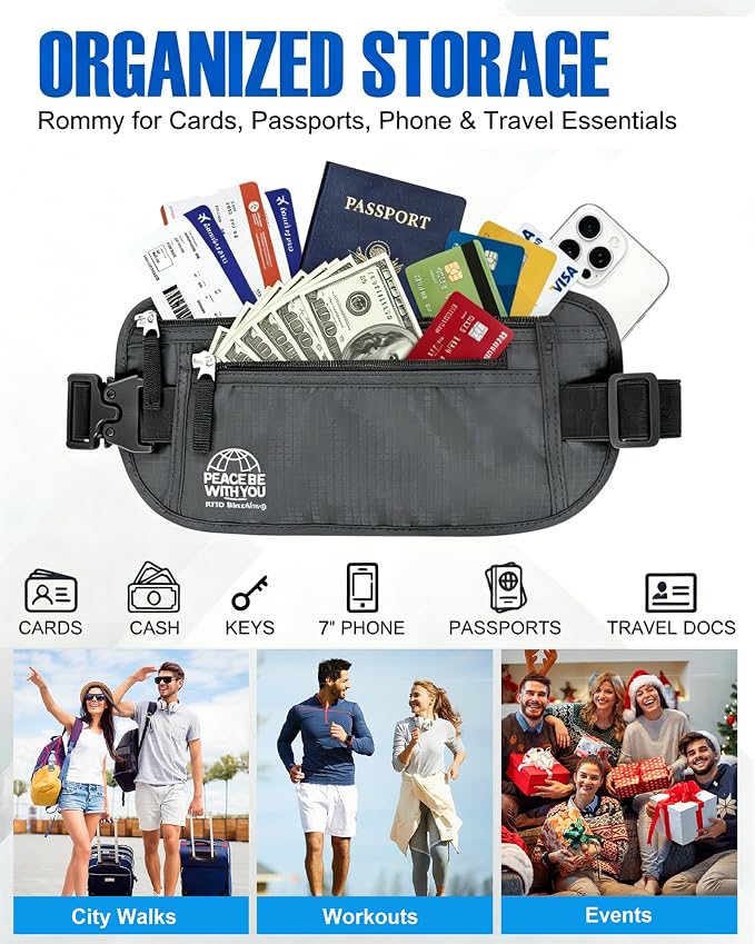 Money Belt for Travel, Passport Holder, RFID Blocking, Sweat-Proof, Gray | 3rd Gen Hidden Waist Wallet Anti Theft to Protect Cash, Credit Cards and Documents Under-Clothes for Men & Women, Bamneat