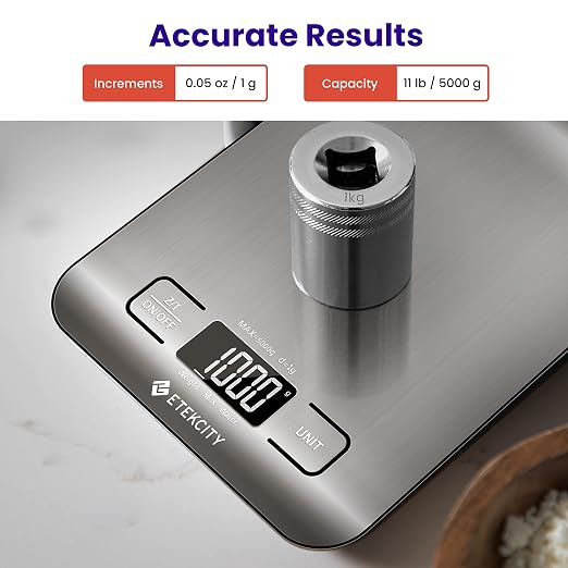 Etekcity Food Kitchen Scale, Digital Grams and Ounces, 11lb | Tare function, ideal for baking, weight loss, keto, meal prep, packages, liquids and jewelry, 304 Stainless Steel
