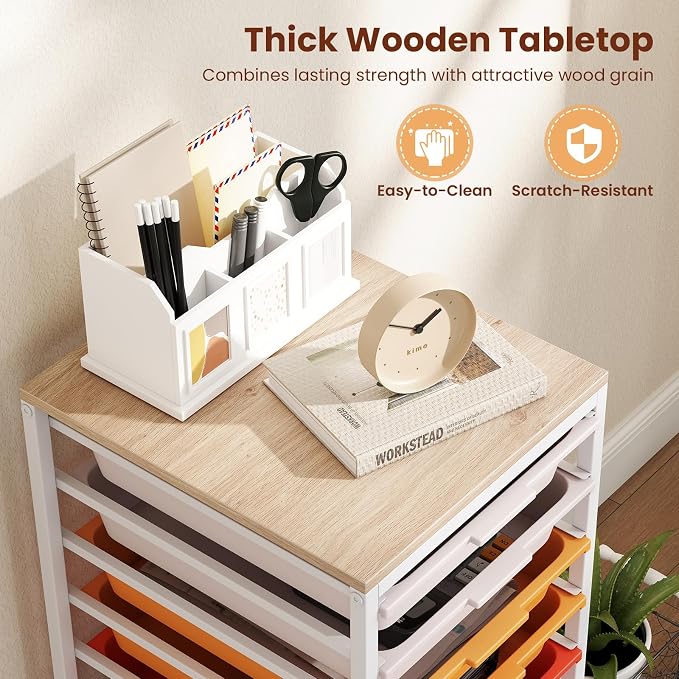 Giantex Rolling Storage Cart with 10 Drawers, Utility Cart w/Wooden Tabletop, Lockable Wheels, Multipurpose Organizer for Art Craft Books Paper, Drawer Carts for Dorm Classroom Office, Macaron