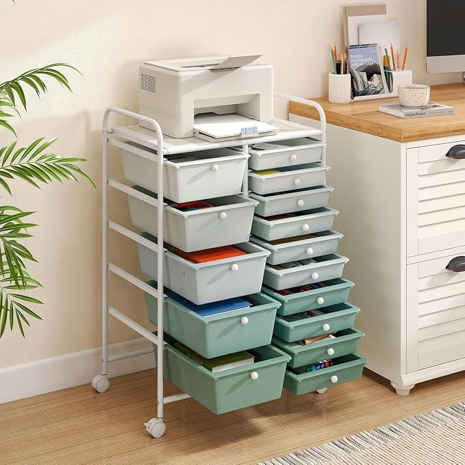 15 Drawer Rolling Storage Cart, Rolling Cart with Drawers for Classroom, Art Supply Craft Organizer on Wheel with Metal Frame & Handles for Home Office School (Gradient Green, 15 Drawer)