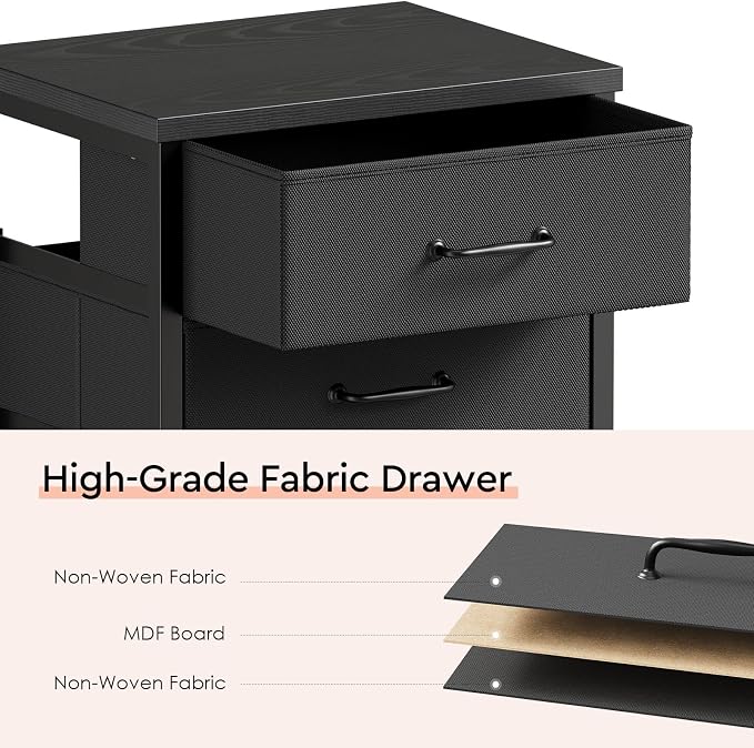 3 Drawer File Cabinet with Wheels with Open Storage Shelf, Black | Rolling Printer Stand Fabric Lateral Filing Cabinet for Home Office