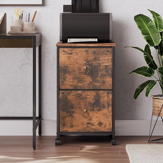 HOOBRO 2 Drawer Mobile File Cabinet, Rolling Printer Stand, Vertical Office Filing Cabinet for Home Office, A4/Letter Size, Nonwovens Drawer, Rustic Brown BF20WJ01
