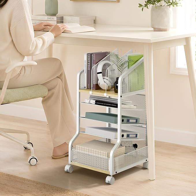 Rolling File Cart Under Desk Storage and Organizers 5-Tier White | Small Filing Cabinet with Adjustable Dividers and Lockable Wheels, Under Desk File Organizer for Home, Office