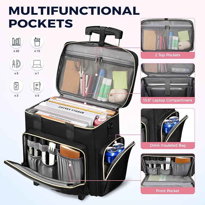 Ytonet Rolling Teacher Bag, 15.6 In Rolling Laptop Bag with Teacher Tote | Detachable Dolly, Large Rolling Briefcase for Women, Rolling Cart for Teacher, Work, Travel, Office, Craft, Roller Bag