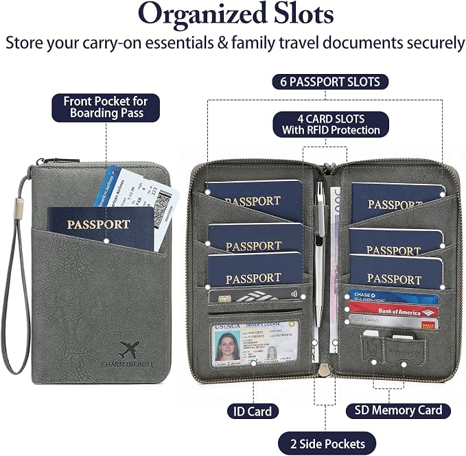 Family Passport Holder for Travel Women and Men RFID Blocking Passport Holder with Zipper Multi-functional Passport Wallet Passport Case Passport cover Travel Essentials
