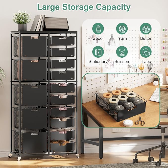 EasyPAG Rolling Storage Cart With 15 Drawers, Metal Craft Organizers with Wood Tabletop for Home, Letter/Legal Size Rolling File Cart for Office, Classroo and Dorm, Black