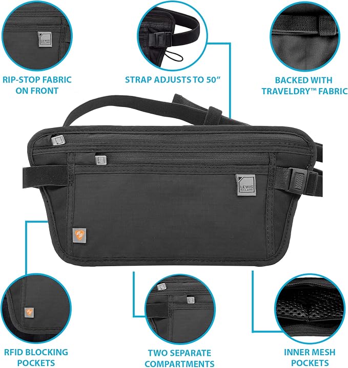 Lewis N. Clark Travel Money Belt Pouch, Slim RFID Blocking Anti Theft Waist Stash Pouches for Cash, Cards and Passport Holder
