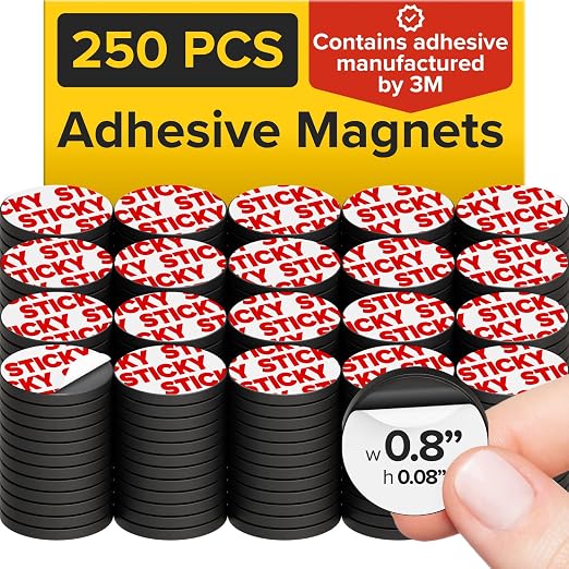 Sticky Flexible Adhesive Magnets for Crafts, 0.8"x0.08" (20x2mm), 250 pcs | Flexible Sticky Magnetic Dots for Office & School Supplies, Whiteboard, Crafts, Fridge, School Projects & Classroom Decor