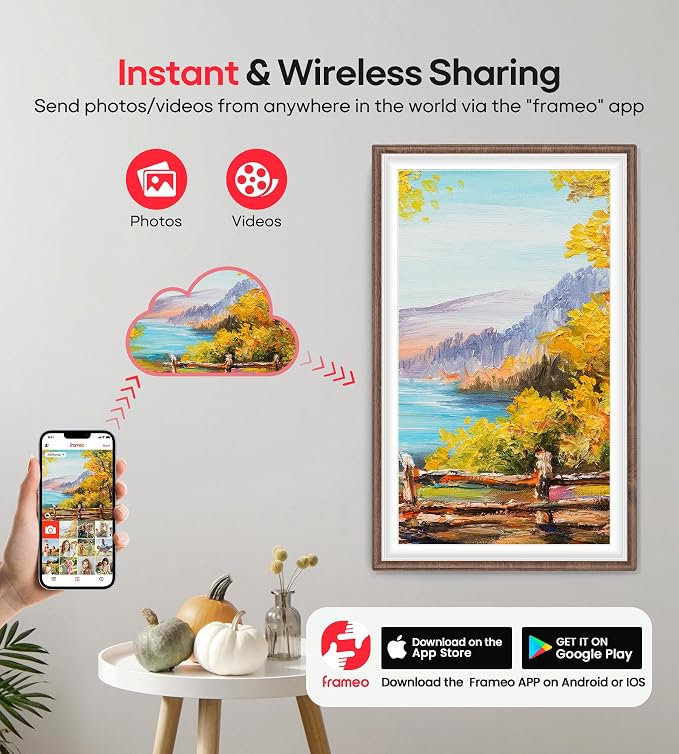 64GB Frameo 15.6" Digital Picture Frame Large 1920 x 1080 IPS FHD Touch Screen WiFi Electronic Photo Frames Share Moments Instantly Anywhere Best Gifts for Parents and Grandparents Brown Wood White