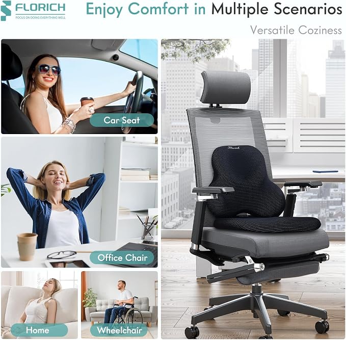 FLORICH Car Seat Cushion and Lumbar Support Pillow for Office Chair Car, Ergonomic Memory Foam, Relieves Back Sciatica Pain, Pressure-Relieving Back Support for Car, Office Chair & Wheelchair – Black